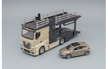 MERCEDES-BENZ Actros 2545 Gold Beige Car Transporter Truck with Volkswagen Polo Grey