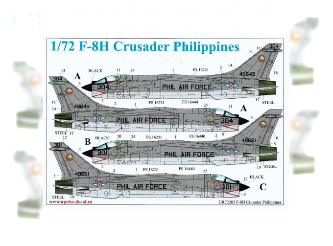 Декаль для F-8H Crusader Pilippines, с полными тех. надписями