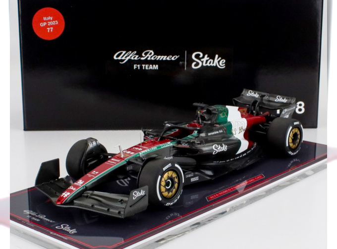 ALFA ROMEO F1 C43 Team Stake №77 Monza Italy Gp (2023) Valtteri Bottas - Con Vetrina - With Showcase, Black Red White Green