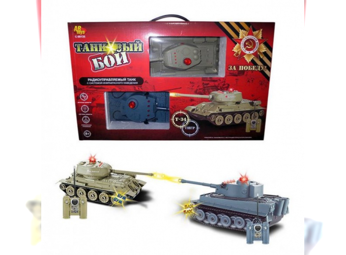 Танковый бой в наборе: 2 р/у танка (Т34 и Тигр), звуковые и световые эффекты, с зарядным устройством