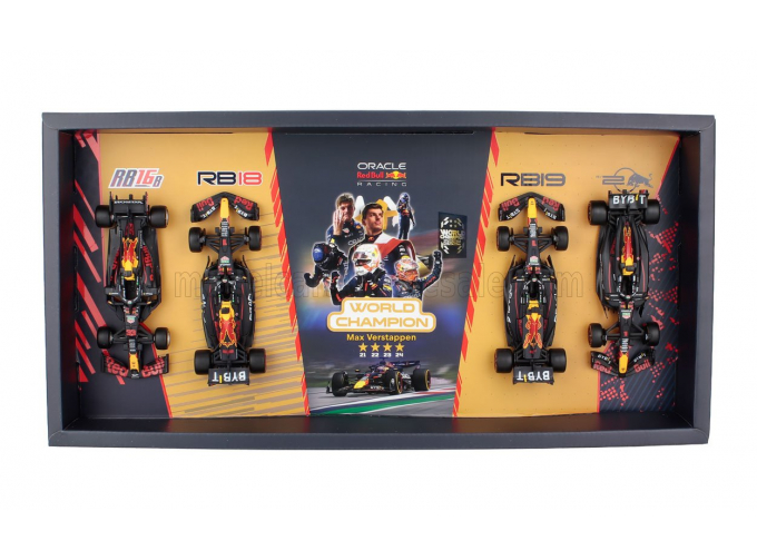 RED BULL Set F1 4x - 4 Time World Champion - Rb16b №33 Season (2021) - Rb18 №1 Season (2022) - Rb19 №1 Season (2023) - Rb20 №1 Season (2024) Max Verstappen, Matt Blue Yellow Red