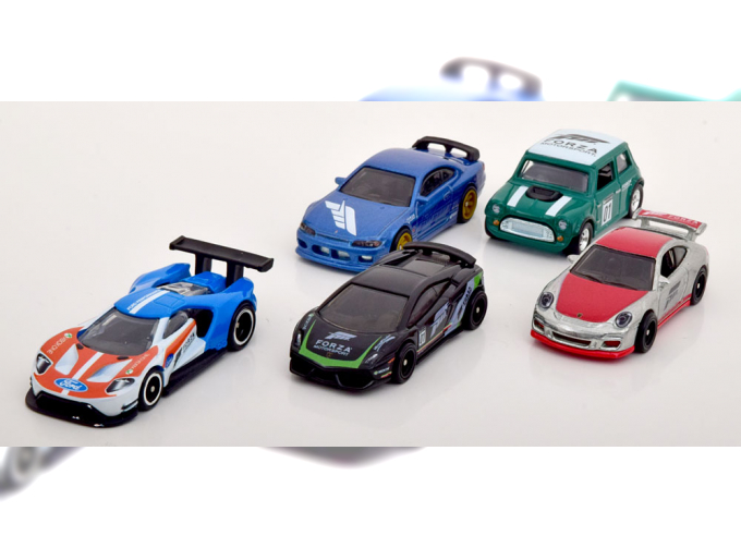 FORZA MOTORSPORT SET Lamborghini Gallardo, Ford GT, Morris Mini, Porsche 911 GTr RS Nissan Silvia S15 in gift Box