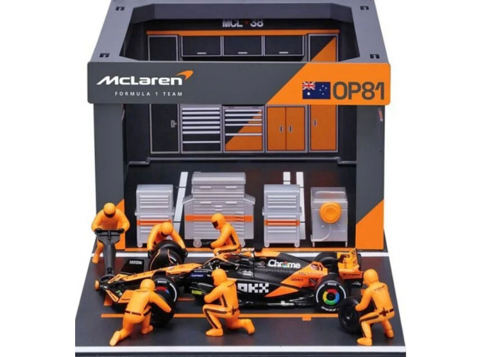 McLAREN MCL38 diorama garage pit-stop team McLaren №81 season 2024 Oscar Piastri with crew figure and accessories - orange black (2024)