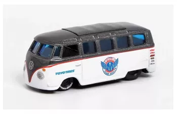 VOLKSWAGEN Van Samba Dark Gray Metallic / White + Volkswagen Beetle White Metallic + Enclosed Car Trailer Silver "Toyo Tires" "Team Haulers"