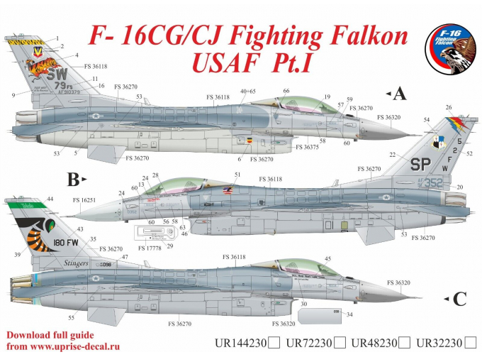 Декаль для F-16CG/CJ Fighting Falcon USAF Pt.1, с тех. надписями, FFA (удаляемая лаковая подложка)