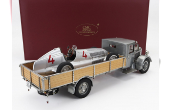 MERCEDES-BENZ Set 2x Lo2750 Platform Truck With Wooden Box Car Transporter (1936) + F1 W25 N4 Monaco Gp (1935) L.Fagioli, Silver Grey Wood