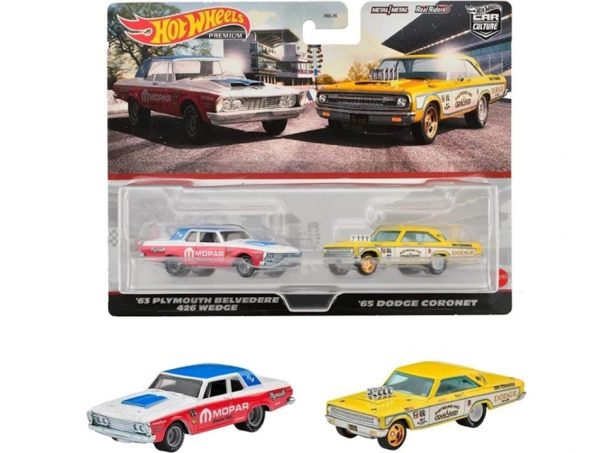 PLYMOUTH Belvedere 426 Wedge (1963) red/white/blue +DODGE Coronet (1965), yellow/white