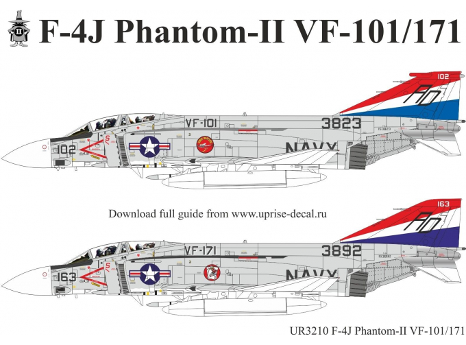 Декаль для F-4J Phantom-II VF-171, с тех. надписями, FFA (удаляемая лаковая подложка)