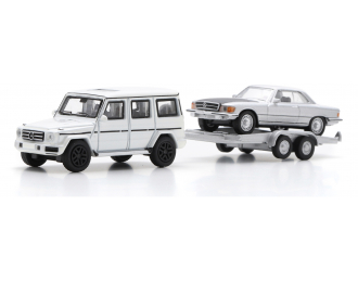 MERCEDES-BENZ G-class (w463) (2018) With Trailer + Sl-class 450slc 5.0 Coupe (c107) (1980), White Silver Black