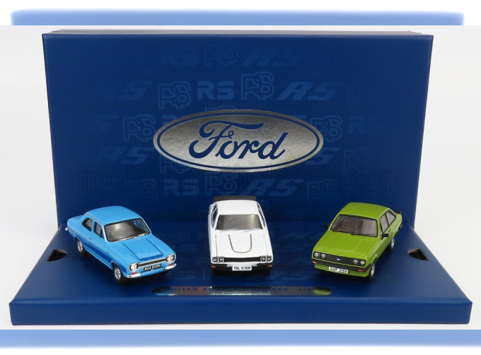 FORD Coffret Box Set 3x 1970s Ford Rs Collection - Escort Mki Rs 2000 (1974) - Capri Mki Rs 3100 (1971) - Escort Mkii Rs 2000 (1976), Olympic Blue - Diamond White - Java Green