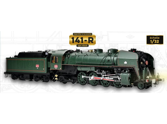 Сборная модель S.N.C.F. - TYPE 141-R 1187 LOCOMOTIVA A VAPORE CON CARRO TENDER TRASPORTO CARBONE - STEAM LOCOMOTIVE - GREEN BLACK