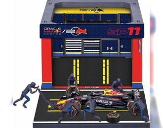 RED BULL F1 Rb19 Diorama Garage Pit-stop Team Oracle Red Bull Racing №11 Season 2023 Sergio Perez With Crew Figure And Accessories, Blue Yellow Red