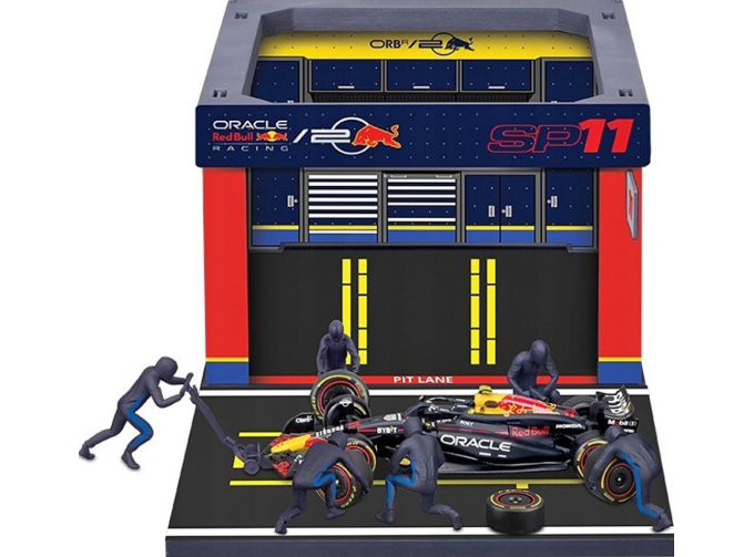 RED BULL F1 Rb19 Diorama Garage Pit-stop Team Oracle Red Bull Racing №11 Season 2023 Sergio Perez With Crew Figure And Accessories, Blue Yellow Red