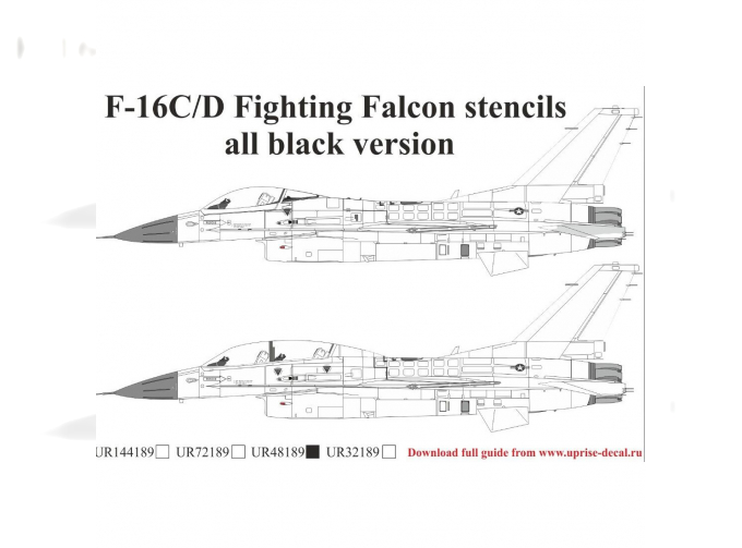 Декаль F-16C/D Fighting Falcon, с тех. надписями, чёрная версия, FFA (удаляемая лаковая подложка)