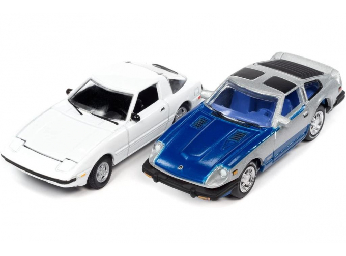 MAZDA RX-7 (1982), white + DATSUN 280ZX (1981), blue