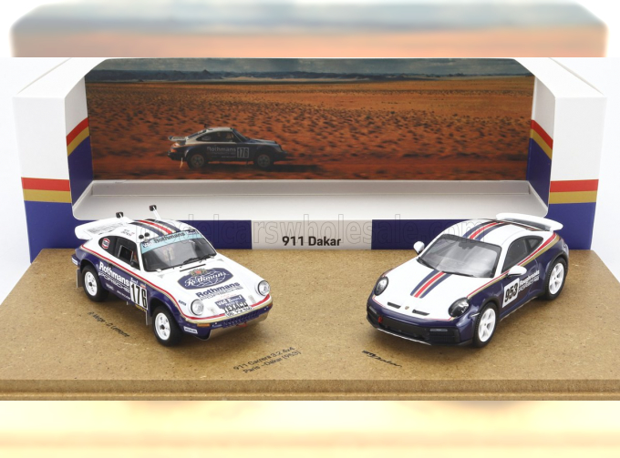 PORSCHE Set 2x 911 953 Rothmans №176 Winner Rally Dakar (1984) Rene Metge - Dominique Lemoyne + 911 992 №953 Roughroads Rally Dakar (2023), White Blue Red