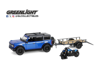 FORD Bronco 4-двери 4x4 Black Diamond с прицепом и мотоциклом (2021), Velocity Blue Metallic/Black