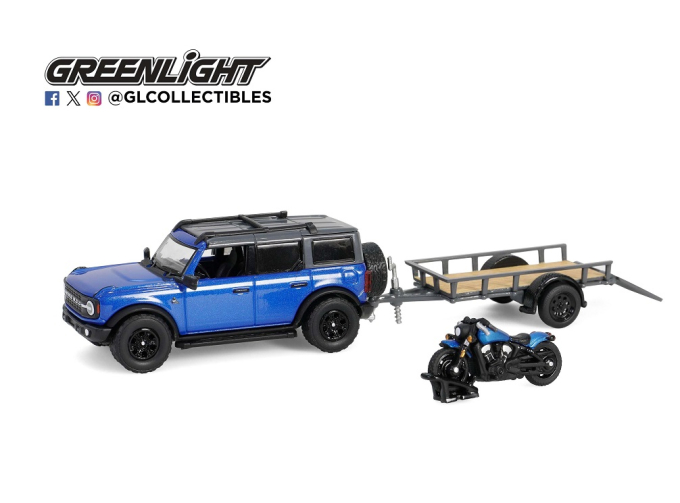 FORD Bronco 4-двери 4x4 Black Diamond с прицепом и мотоциклом (2021), Velocity Blue Metallic/Black