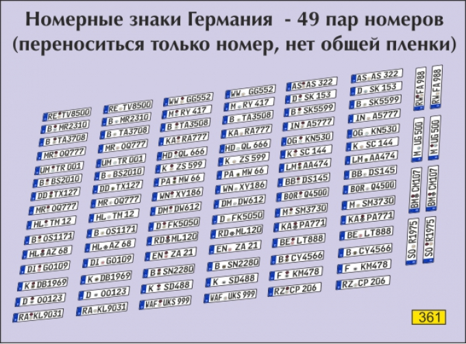 Набор декалей Номерные знаки Германии