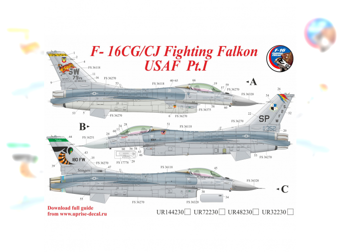 Декаль для F-16CG/CJ Fighting Falcon USAF Pt.1 с тех. надписями, FFA (удаляемая лаковая подложка)