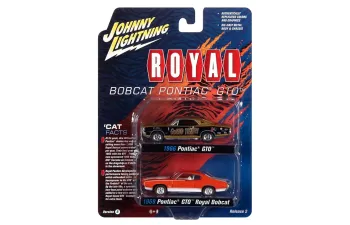 Набор из двух моделей PONTIAC GTO, tiger gold with black sides and GeeTO Graphics & (1969)& PONTIAC GTO Royal Bobcat, orange body with white stripes & hood (1966)