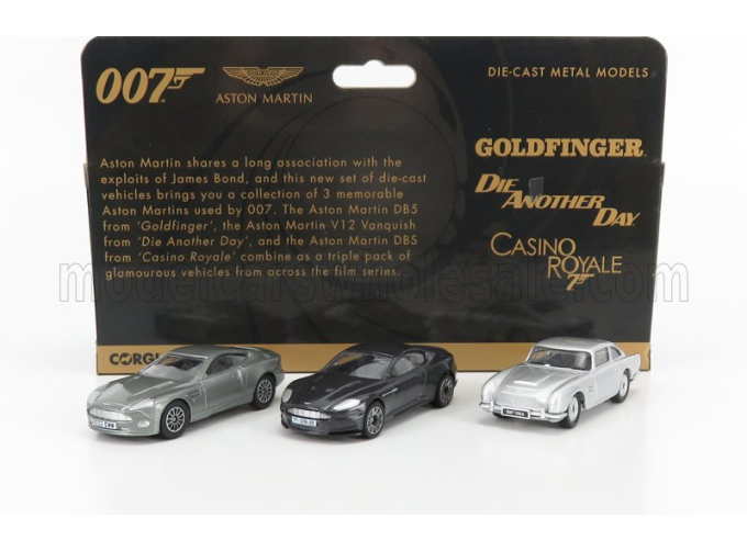 ASTON MARTIN Set 3x 007 James Bond - Db5 1965 Goldfinger - V12 Vanquish Die Another Day La Morte Puo' Attendere - Dbs 2008 Casino Royale, Grey Silver