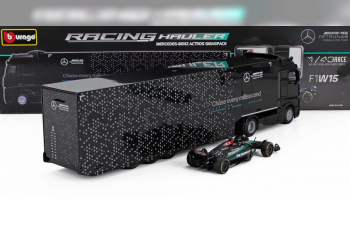 MERCEDES-BENZ Actros 2 Gigaspace Truck Car Transporter With F1 Mercedes Gp W14 Team Mercedes-amg Petronas Formula One №63 Season (2023) George Russell, Silver Black
