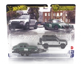 LAND ROVER New Defender 110 With Roof Pack (2020) + Trailer With Jaguar Mki N 386 Racing (1959), Silver Black Green