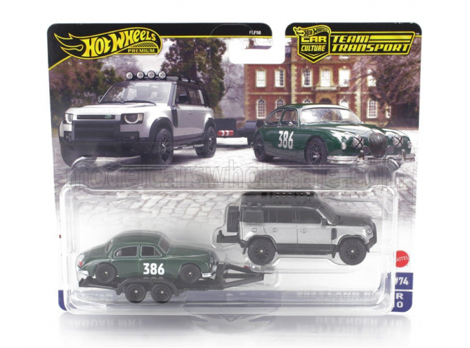 LAND ROVER New Defender 110 With Roof Pack (2020) + Trailer With Jaguar Mki N 386 Racing (1959), Silver Black Green