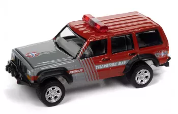 JEEP Cherokee XJ с лодкой и прицепом, серый/красный