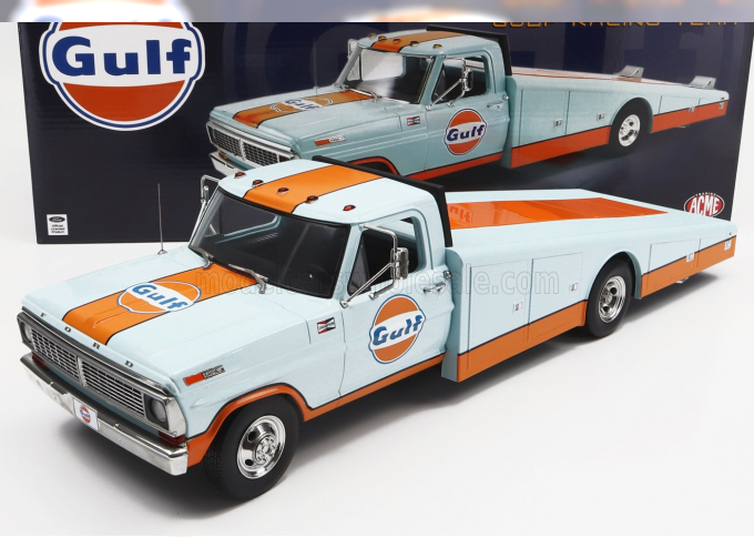 FORD F-350 TRUCK RAMP CAR TRANSPORTER GULF (1970), LIGHT BLUE ORANGE