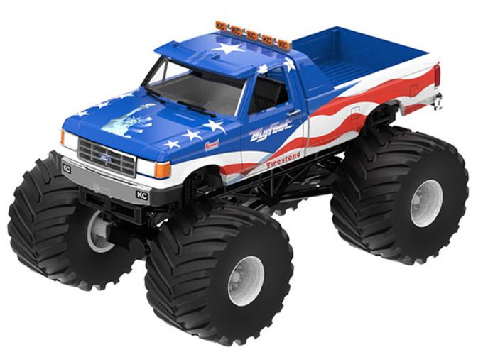 FORD F-250 Truck USA 250 Tribute with 1/18 Bob Chandler Standing Figure, *Kings of Crunch-Bigfoot #5* (1996), blue / white / red