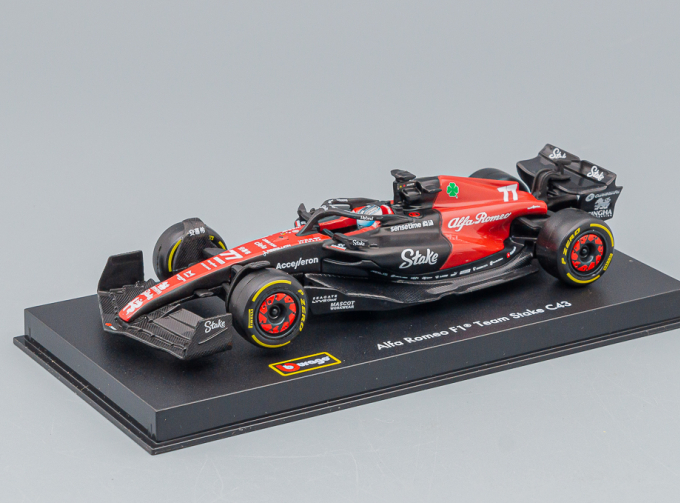 ALFA ROMEO F1 C43 Team Stake №77 Season (2023) Valtteri Bottas - Con Pilota E Vetrina - With Pilot And Showcase - Exclusive Carmodel, Black Red