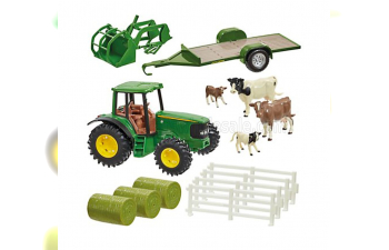 ACCESSORIES Diorama Farm Building With Tractor John Deere And Trailer, Green Yellow