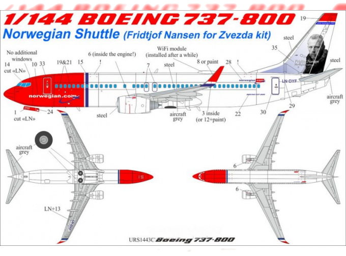 Декаль для Boeing 737-800 Norwegian Shuttle LN-DYF (Fridjtof Nansen) with stencils for Zvezda kit