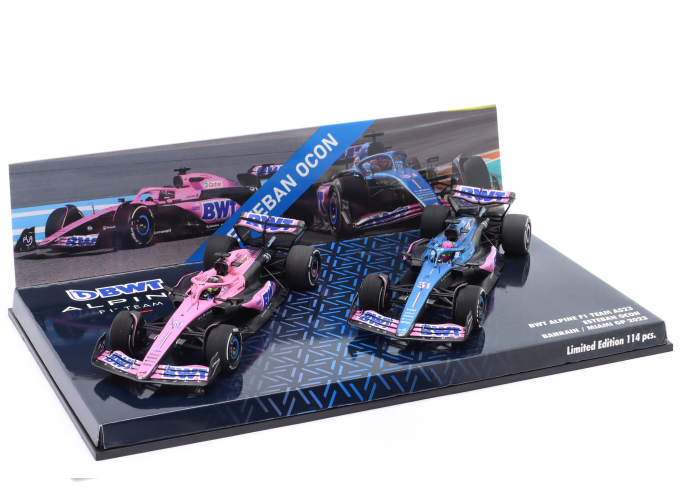 RENAULT Set 2x F1 A523 Team Bwt Alpine №31 8th Miami Gp (2023) + N 31 Bahrain Gp 2023 Esteban Ocon, Blue Black Pink