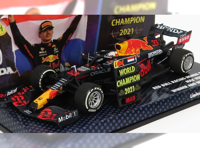 RED BULL F1 Rb16b Honda Ra620h Team Aston Martin №33 Winner Abu Dhabi Gp With Pit Board World Champion (2021) Max Verstappen, Matt Blue Yellow Red