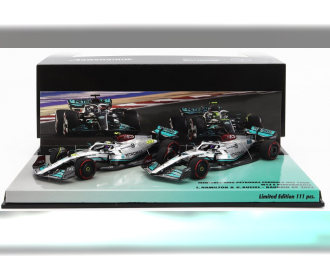 MERCEDES GP F1 Set 2x W13e Team Mercedes-amg Petronas F1 N44 3rd Bahrain Gp (2022) Lewis Hamilton + N 63 4th Bahrain Gp (2022) George Russel, Silver Green