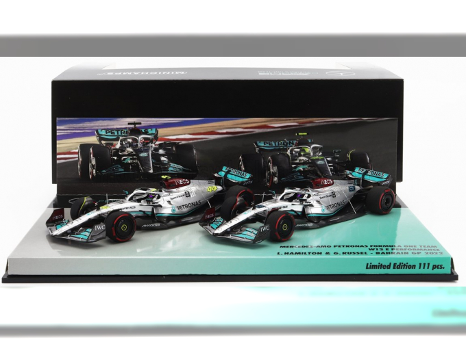 MERCEDES GP F1 Set 2x W13e Team Mercedes-amg Petronas F1 N44 3rd Bahrain Gp (2022) Lewis Hamilton + N 63 4th Bahrain Gp (2022) George Russel, Silver Green