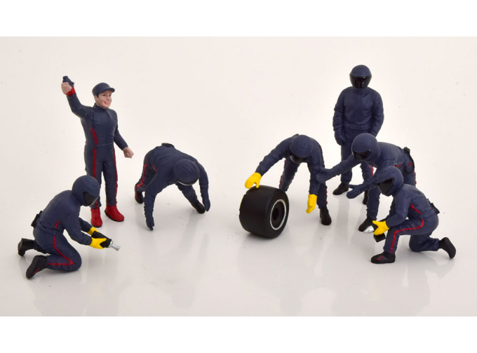 FIGURES F1 Set 2 2022 - Diorama Pit-stop Set 7 X Meccanici - Mechanics - With Decals, Matt Blue Red